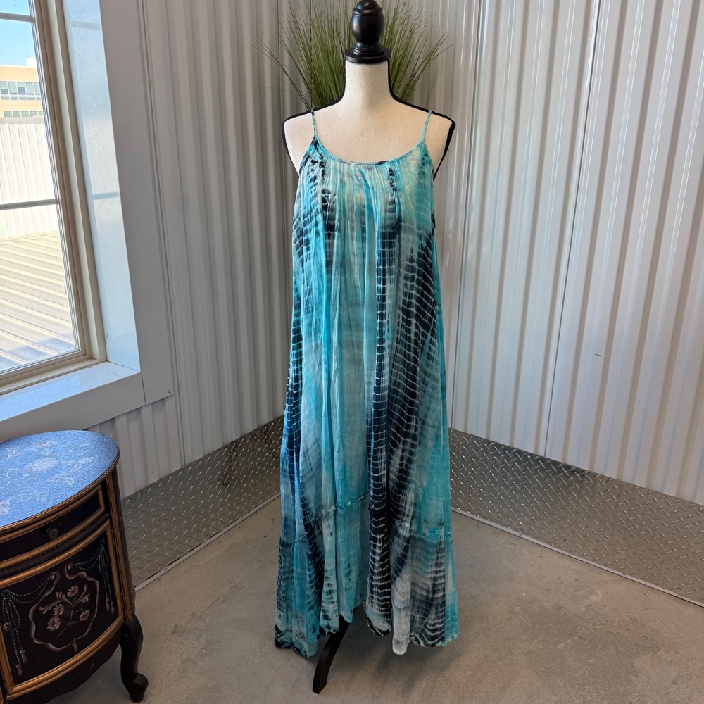 2CHIC Maxi‎ Dress Women One Size Blue Tie Dye Excellent Cotton Boho Tiered